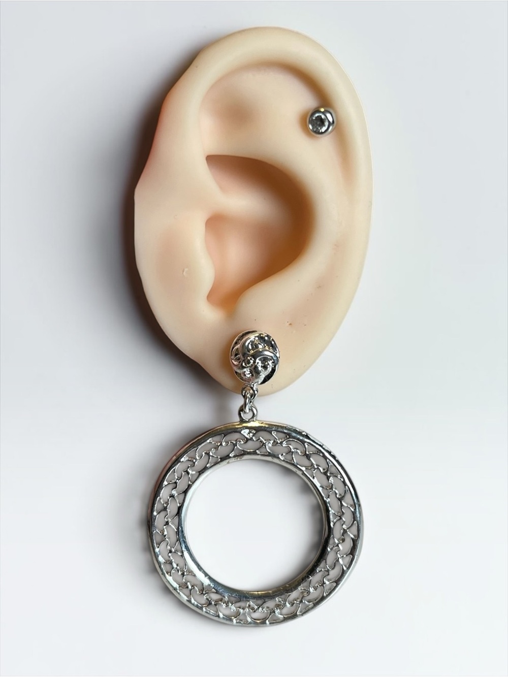 Vintage Silver Tone Etched Cutout Stud Earrings CC X